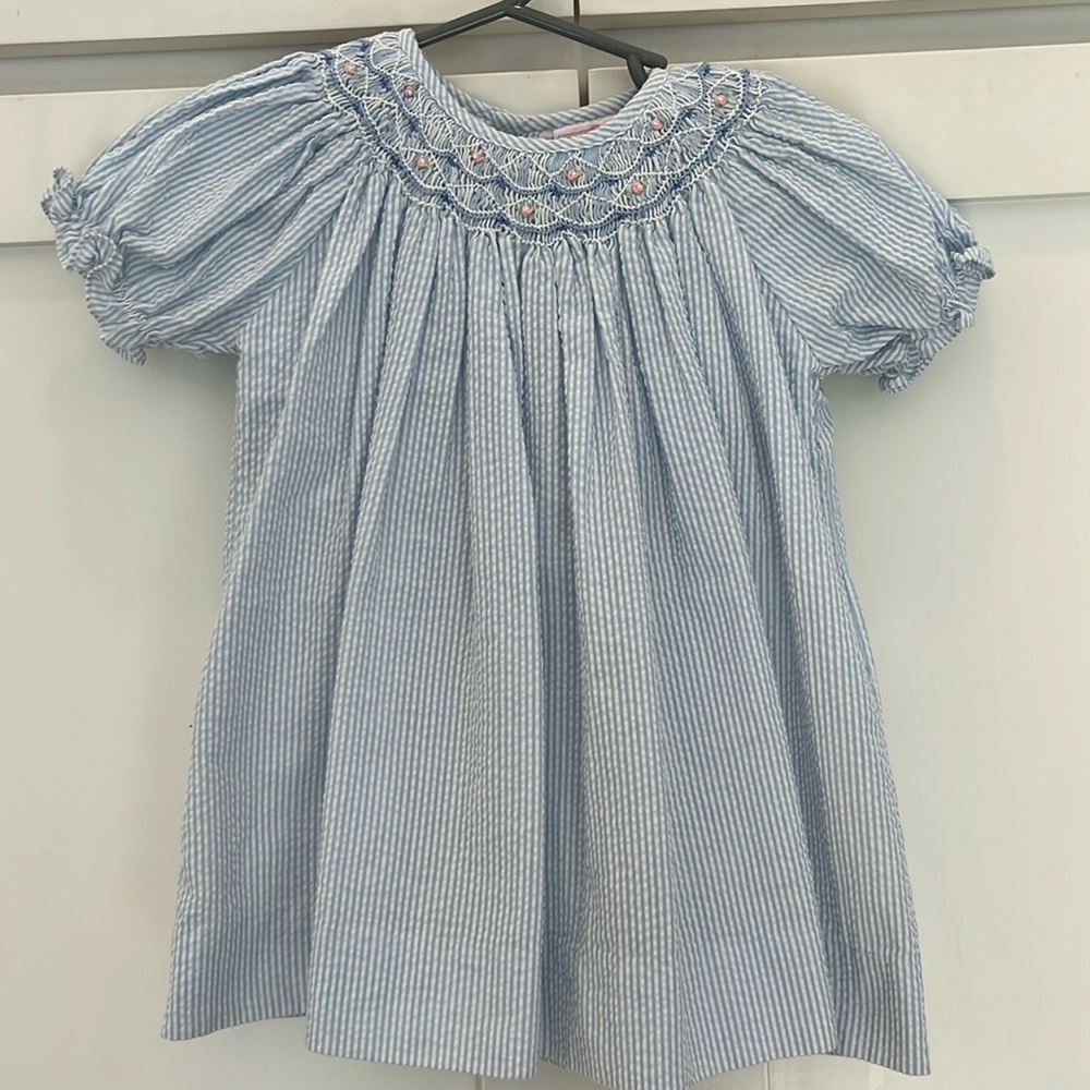Pale blue and white smocked seersucker dress. 6M